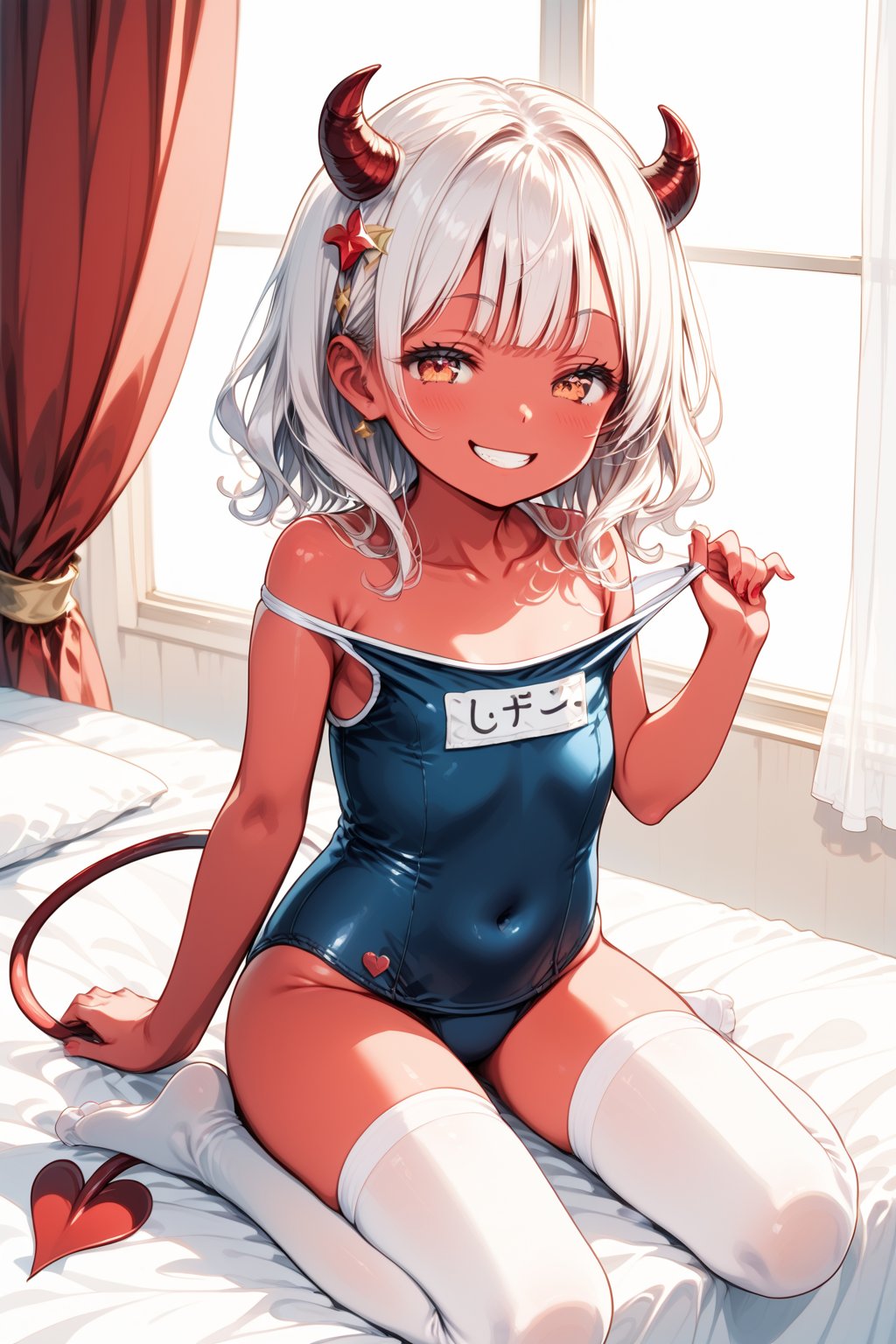 //quality, masterpiece:1.4, detailed:1.4,best quality:1.4,//,1girl,child,loli,solo,//,demon girl,((red colored skin)),(red skin),devil horns,(devil tail), white hair, medium hair, sidelocks, light red eyes, beautiful detailed eyes, half closed eyes,flat_chest,collarbone,covered_navel,//,hair_accessories, candies accessories,school swimsuit,(white thighhighs),//,evil, evil smile,(smirk), naughty face,//,(one-piece swimsuit pull),swimsuit pull,sitting,//,indoors,bed,Deformed,one-piece swimsuit pull,score_7_up,score_9,source_anime