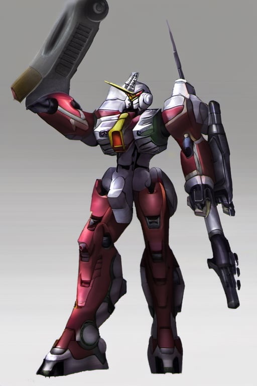 solo, white background, holding, standing, weapon, holding weapon, gun, no humans, robot, holding gun, mecha, science fiction, one-eyed, mobile suit, radio antenna,LegendDarkFantasy