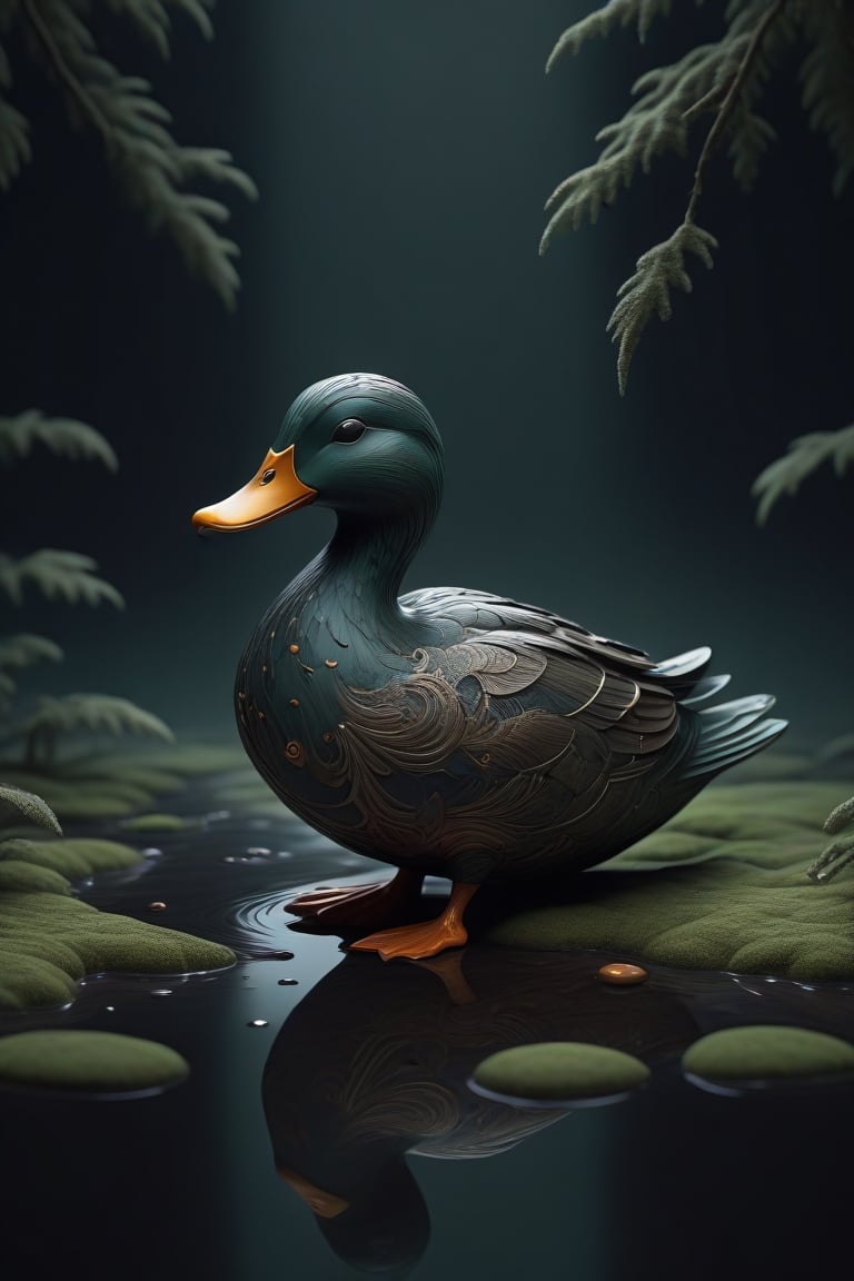 Generate a high quality, 8K Ultra HD, pre-rendered with 5242880px, a strange Duck in Boots. in shades of grey and orange , with bubble eyes, blooming on top of a large wet stone covered in moss and water puddles on the ground . at night in stonefield. Suspended Solitude, The dynamic essence of the Hard texture transforms into a moment of natural reality. Deep hues of green and black ink converge to form intricate patterns, capturing the elegance and strength inherent in the stone's texture, Each stroke tells a story of precision and purpose, evoking the spirit of traditional european artistry, The graceful dance of the stone's texture on the canvas creates a visual symphony, celebrating the cultural significance of this iconic motif, The scene becomes a harmonious blend of nature and artistic expression, where the tranquility of the duck's presence adds a new layer of depth to the painting, Crisp and Intricate Photorealism, taken with a Canon EF 16-35mm f8.0L III USM lens. Night, high detailed, conceptual art, 3d render, graffiti, anime, painting, illustration, architecture, wildlife photography, dark fantasy, typography, ukiyo-e, vibrant, poster, fashion, cinematic, borderless,BugCraft,<lora:659095807385103906:1.0>