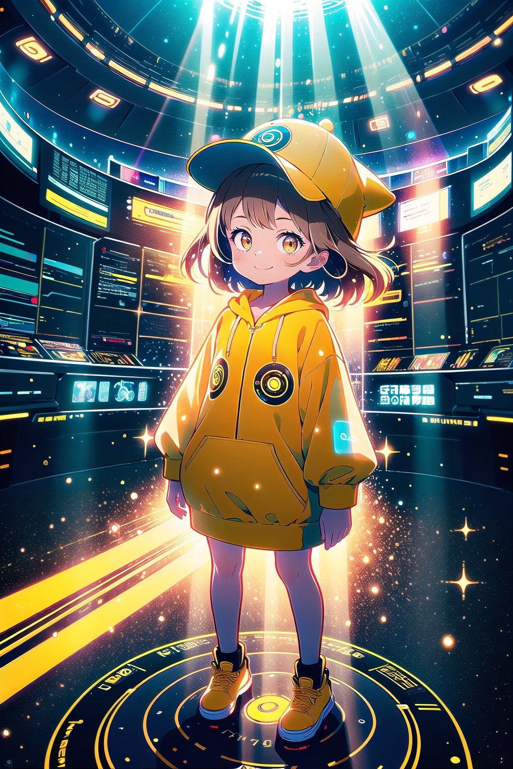 (masterpiece),  1 girl, Loli, light brown eyes, light brown hair, smile, yellow hoodie, yellow duck hat CFI, science fiction,  magic circle,  light particles,  light rays, spaceship interior,holographic interface,portrait,illustration, full body 