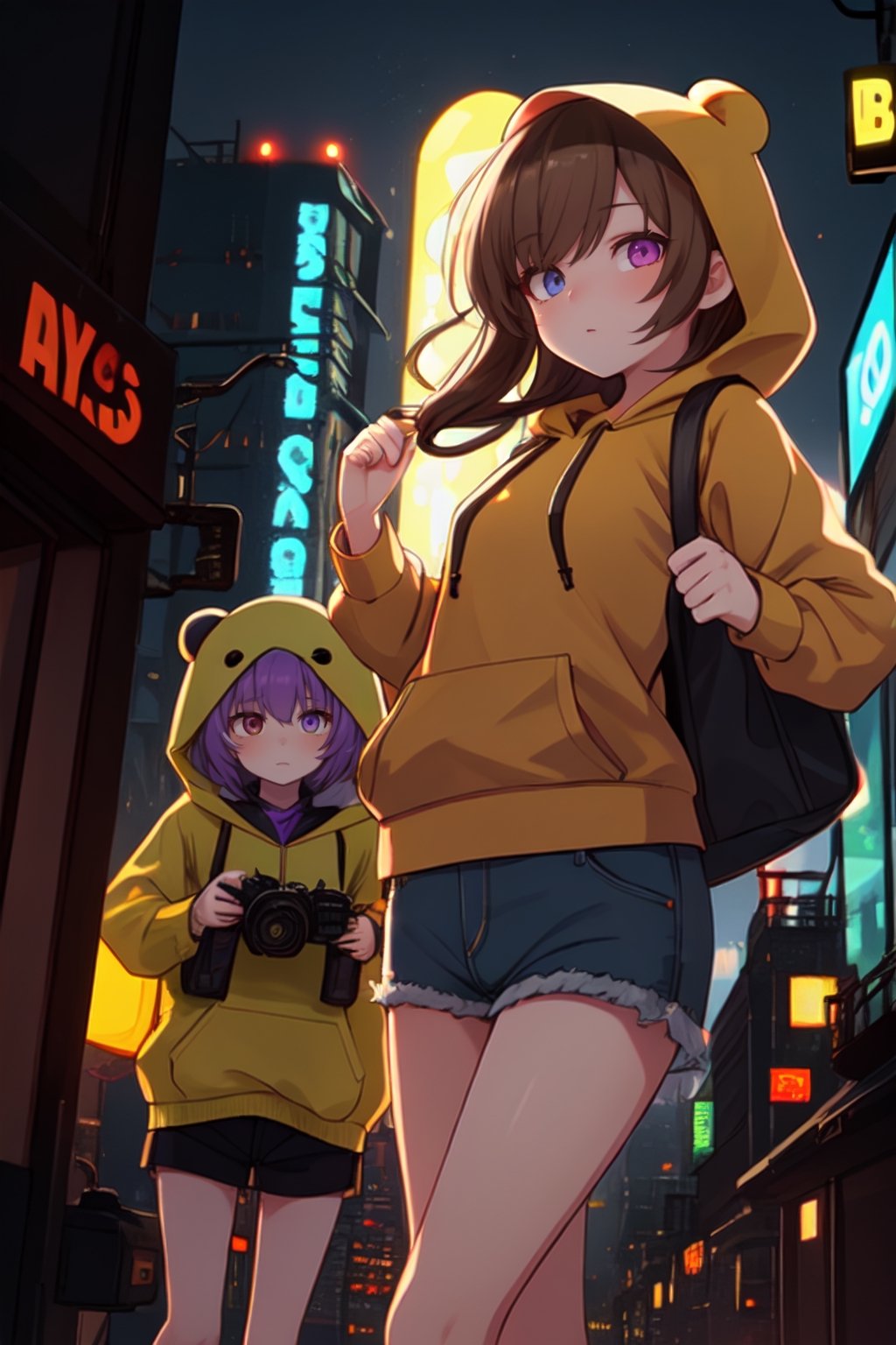 two girls escene, cool footage ( master piece, high definition, perfect shadows,2girls escene):#1:teen girl, light brown hair, light brown eyes , wearing a urban yellow hoodie with a yellow duckling hood, cool denim shorts , fighting with girl#2: she has heterochromia ( green and purple eyes ) wearing  a Lila panda hood, black hair, cargo shorts, landing pose, technologic dark city ,futuristic neon lights in the background , destroyed city studio_lighting, 4k, masterpiece,SAM YANG