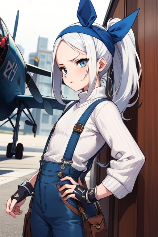 best quality, 12 yo, floffy spiky white haired, spiky messy ponytail, flat girl, blue eyes, wearing a white sweater, with a overall, blue headband,furious, fight escene, anime stile, cool footage , old vintage plane in the background, steampunk themed 