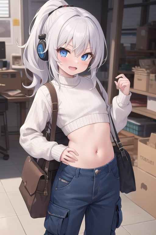 happy, smiling, open mouth, 13yo, flat girl,  messy puffy hair, white hair, spiky long hair, ponytail hair, serious ligth blue eyes, she wear a white sweater, and long cargo oversized pants, overall, blue headphones, brown bag, showing her bellybutton, cute eyes, tsundere, inside of mechanical workshop, detailed, Master piece , Nadir