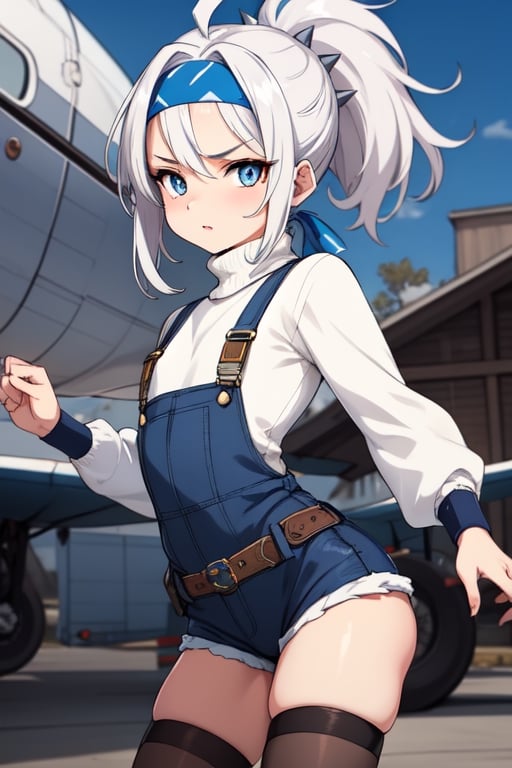 best quality, 12 yo, fluffy spiky white haired, spiky messy ponytail, flat girl, blue eyes, wearing a white sweater, with a overall, blue headband,furious, fight escene, anime stile, cool footage , old vintage plane in the background, steampunk themed 