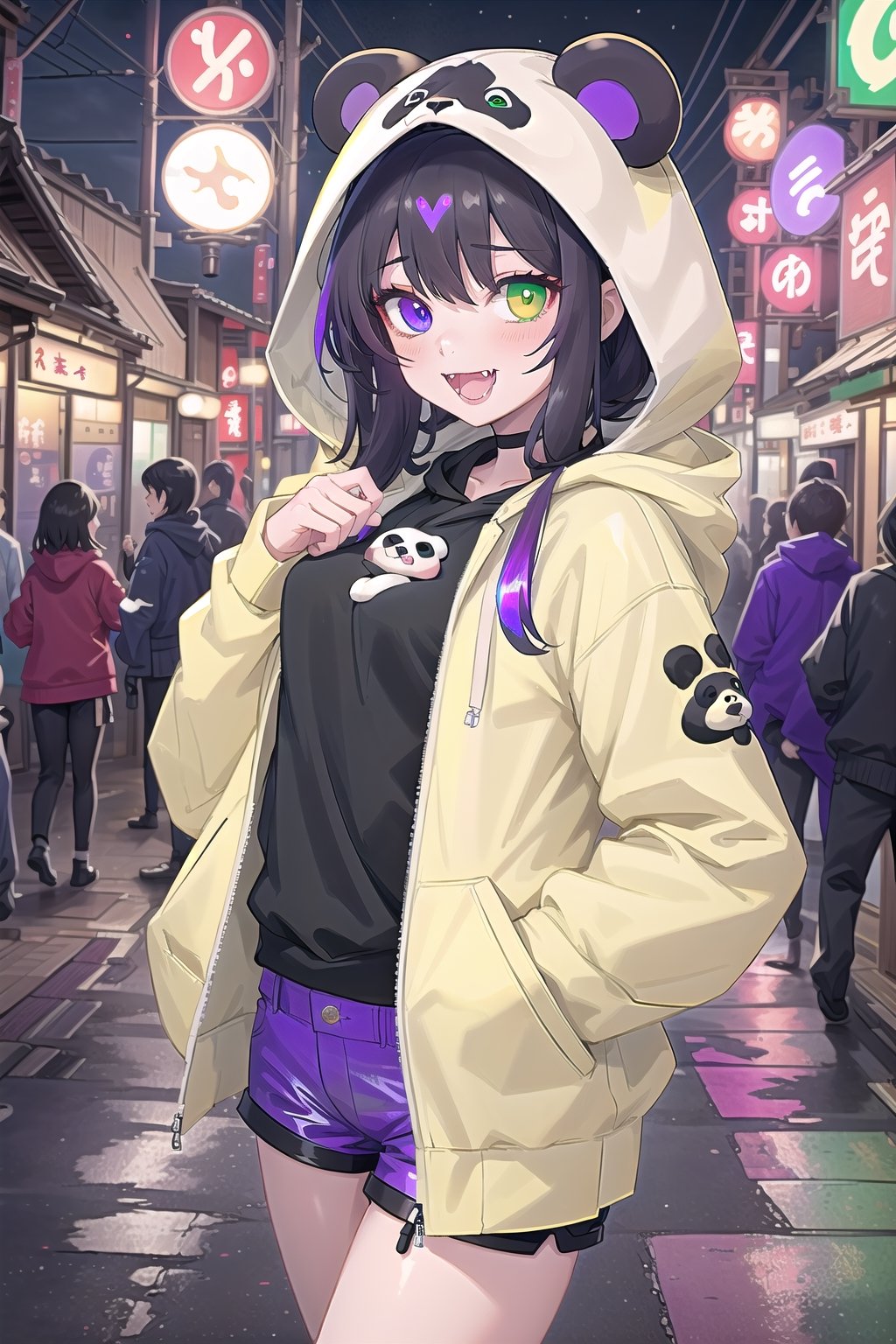  best quality, masterpiece

Girl with long black hair, heterochromia (purple and green eyes). Panda jacket with hood, shorts, sexy, erotic, flirty, showing fangs, Japan's red light district at night. Detailed image with vivid colors ,happy, excited , sexy look, Neon ligths , holographic numbers in the background, moderate breast