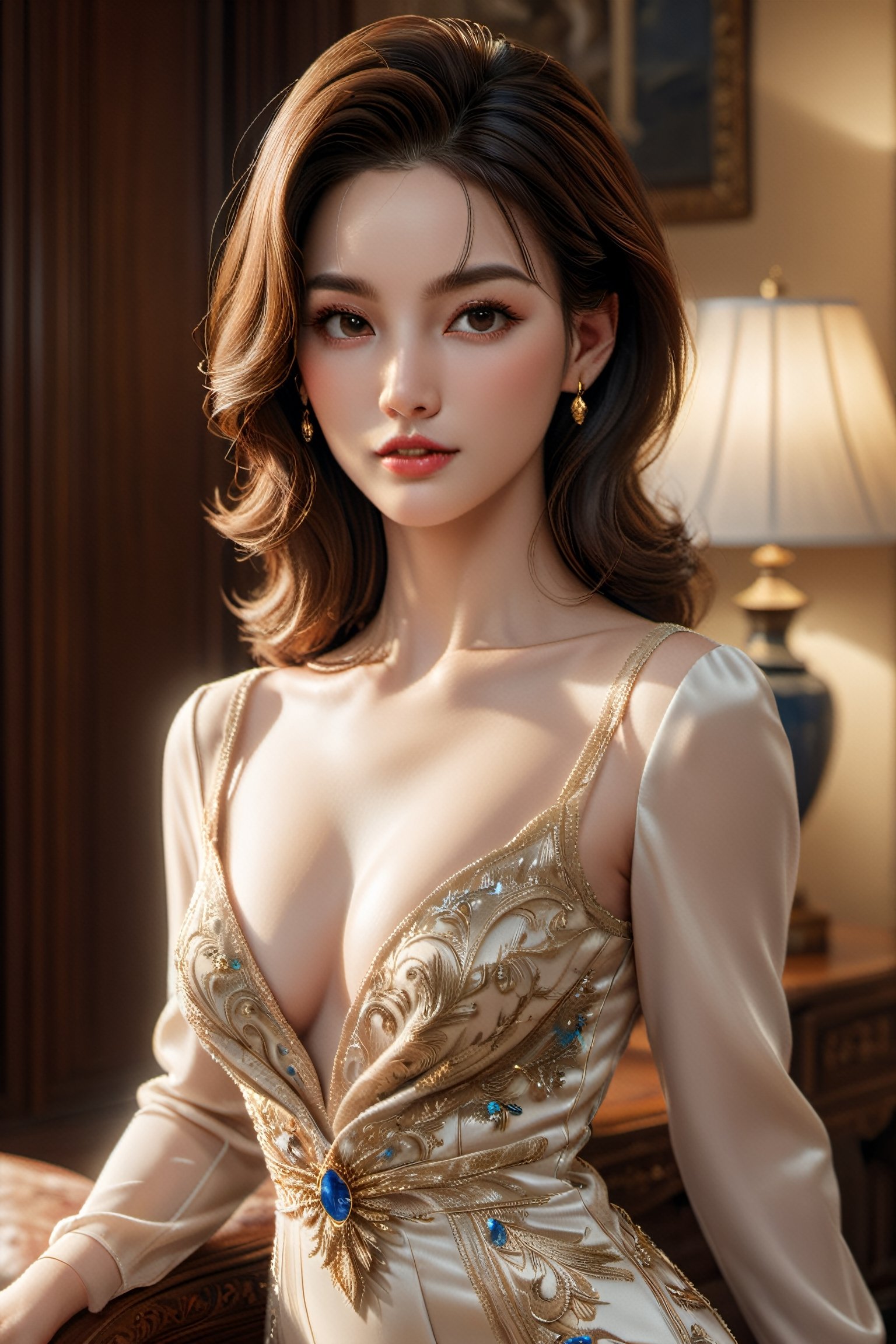 (best quality, masterpiece:1.3), illustration, 8K UHD, ultra high res, Physically Based Rendering, cinematic light, extremely intricate details, bright expression, beautiful young woman, (sleek and elegant hair), porcelain skin, beautiful face, shapely figure, big breasts, (wearing evening gown) nostalgic Elegance, in the living room, (front and sharp focus), (looking at viewer:1.5), (cowboy_shot:1.8), Enhance, 