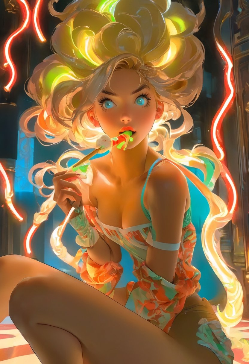 Anime artwork, Rococo, annoyed girl, eating stick cookies, neon glowing hair, 4, neon light, flamboyant, pastel colors, curved lines, elaborate detail, rococo, art by Makoto Shinkai, art by J.C. Leyendecker,virgin destroyer sweater,secret