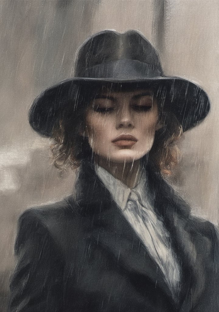 real, a woman, hat, long coat, smoking, gangster, underground business, raining, cool, close up shot,90s vibe, clean shot, peaky blinders style, black suit,colored background ,pencil sketch