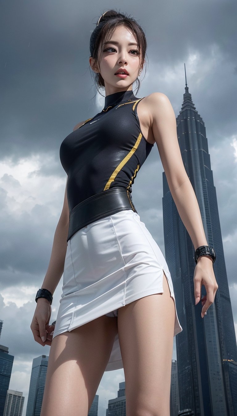 Ultra-detailed anime illustration portrays Chun-Li, one of the characters from Street Fighter, in a miniskirt, sexy pose, setting in a dreamlike vision of Taipei 101, while a typhoon is coming, with dark clouds and drizzling rain.

Ensure all anatomical elements and actions are realistic, with no extraneous limbs or movements. Make sure both of her hands or fists are complete, and eyes are natural.,tzuyulorashy, from below,Tzuyu