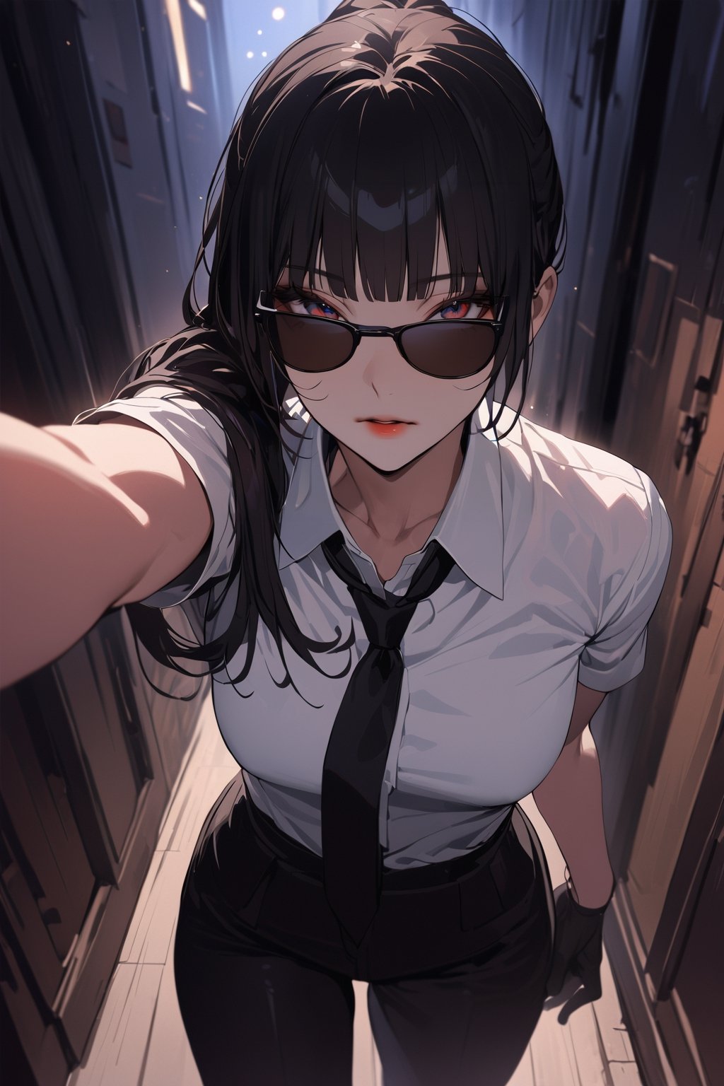 ((masterpiece, best quality, highres:1.2)), perfect face, looking at viewer, niji6, more detail XL, 1girl, solo, looking at viewer, sharp eyes, long straight pony tail black hair with blunt bangs, clearly brown eyes, ombre lips, soft makeup, ((black sunglasses:1.1)), (black_glove), white shirt, collared_shirt, black necktie, black pants, black jacket, female agent, one arm up, indoors, dark hallway, walking, [red lips], cold expression, extremely detailed illustration, 8k, high aesthetic, bokeh, windows, night, dropped shadow,eternum style, 