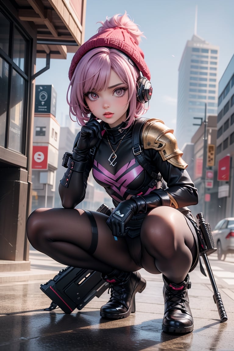 science fiction, scenery,  1girl, short hair, bangs, Pink punk style armor, sharp eyes, one knee on the ground, fighting crouching position, dark combat boots, purple woolen hat, headphones, carrying a sniper rifle, a knife at the waist, fingerless tactical gloves, black eyeballs and golden pupils, armor, battle suit,
18k, hdr, masterpiece, photorealism, hyperdetail, hyperrealism, soft focus, full body, Uhd face, extreme detail gold-eyes, big pink lips, puffed upper lip, punk red-hairstyle, super sexy young girl, iridescent thin tiny sexy bodysuit, action warrior pose,