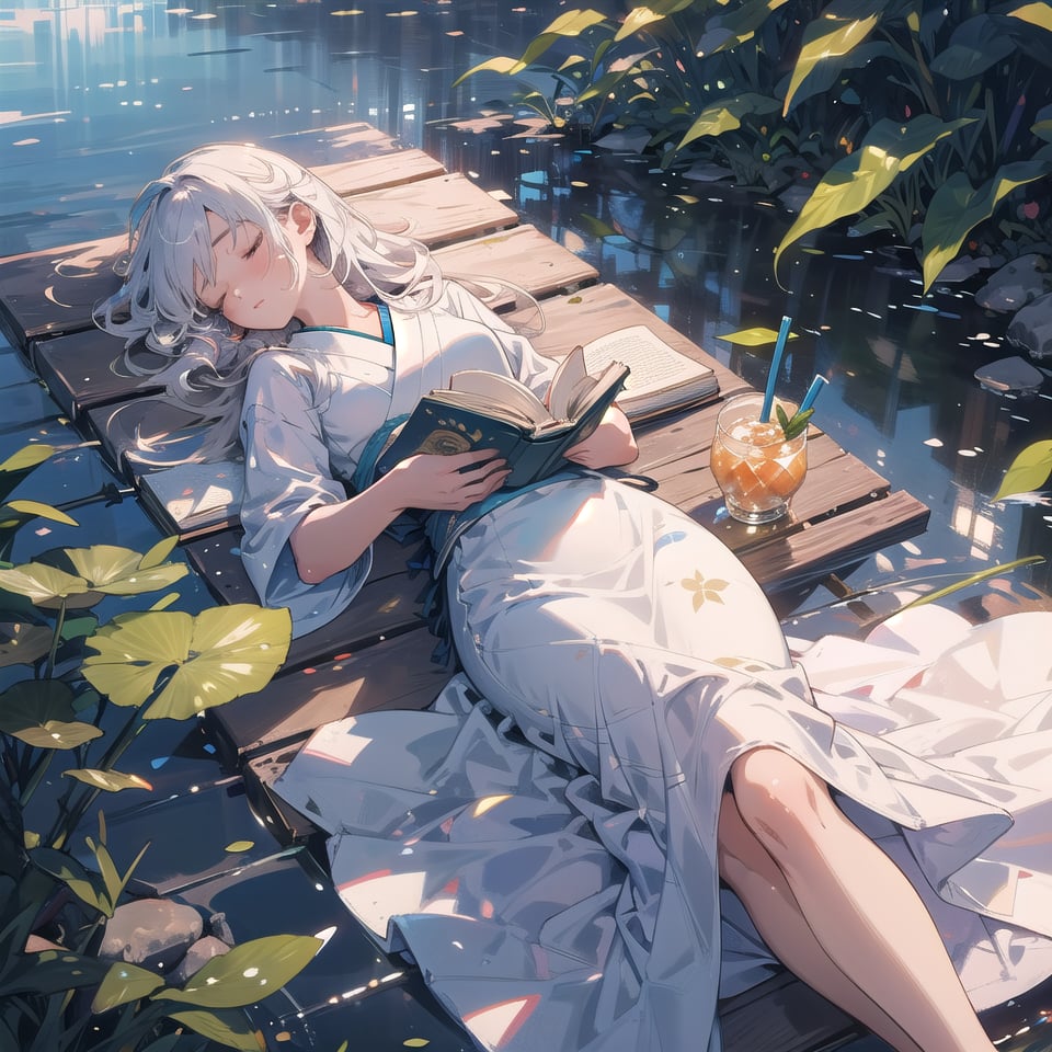 Realistic, CG style, on a hot summer day, the soft sunlight casts mottled light and shadow through the leaves. A teenage girl in a thin dress is lying on a Japanese-style wooden platform on the pond, taking a nap next to an open book, a glass of icy drink. Peaceful and peaceful atmosphere, beautiful, elegant, very detailed, establishing shot