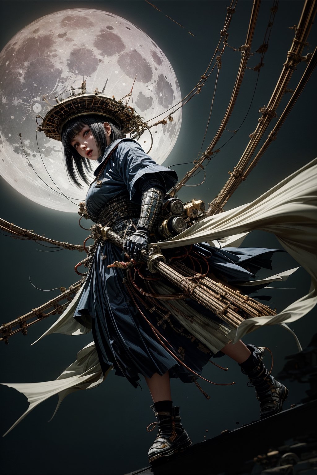 1girl, solo_female, masterpiece, best quality, 16K, (HDR), high resolution, (1 big moon in the dark night) , In the dead of night, a samurai wearing a rain hat, carrying a long sword and lowering his head, walks alone on the ancient streets of the mountain city that are hung with various signboards and lanterns and stretches all the way up. A huge sea fish with a ferocious face and a bloody mouth swoops down from high in the sky. It is super realistic, (full length body)+(Dutch angle shot), (highly detailed background of ancient Japanese achitechture + cyberpunk buildings with neon lights:1.2) , (dynamic pose), hands in the right direction, perfect fingers, (intense light), intense atmosphere with Dutch angle, ((cables and wires linked to character)), ((holding an delicated old sword)), Cyberpunk,C7b3rp0nkStyle,A Traditional Japanese Art,perfect, cyberpunk style, more details, chinese ink painting,Mechanical fish