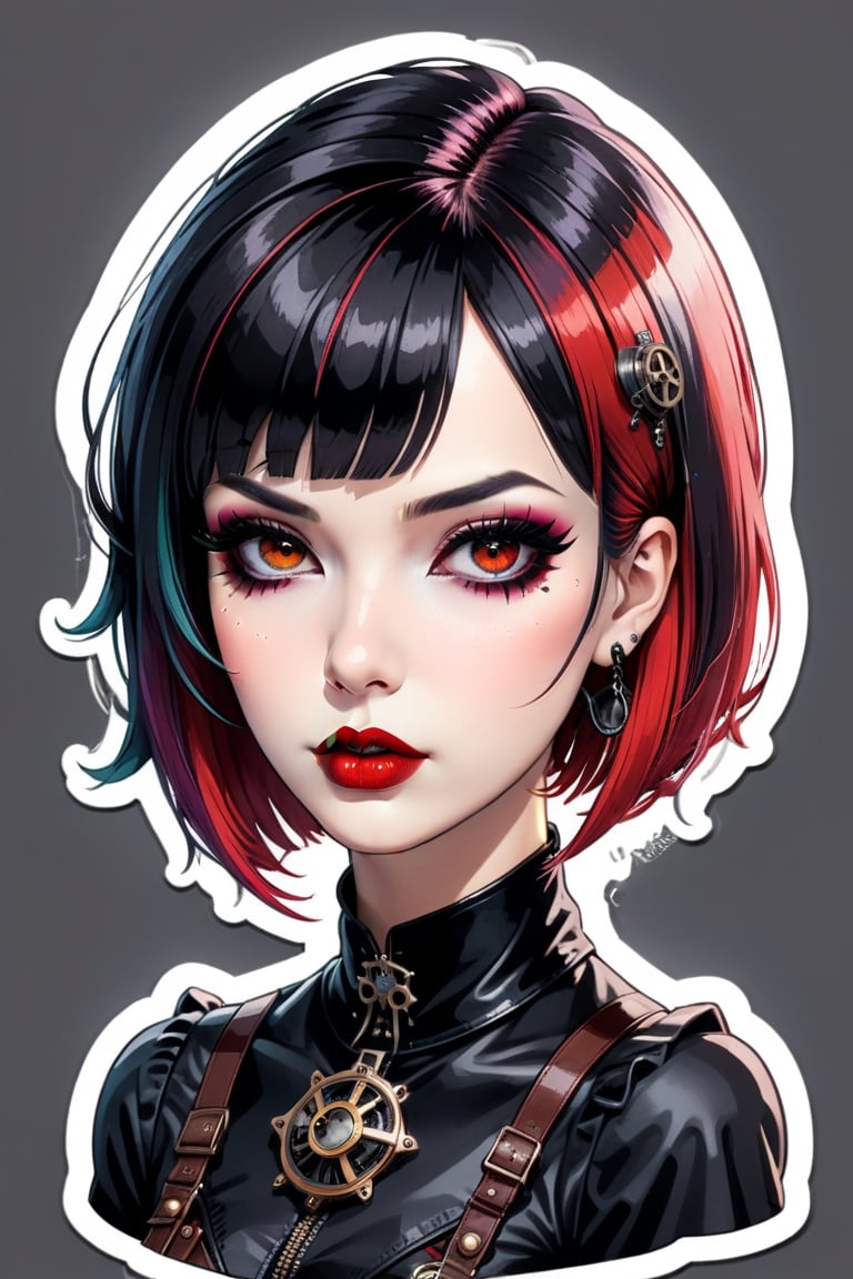 sticker design, steampunk, upper body, close eyes, white background, bob cut, short hair, multicolored hair, makeup , parted lips, black lips, eyeliner, gothic, goth girl,
her hair is styled in a bob with bangs. the tips of her hair are dyed red. sweet cartoon style

