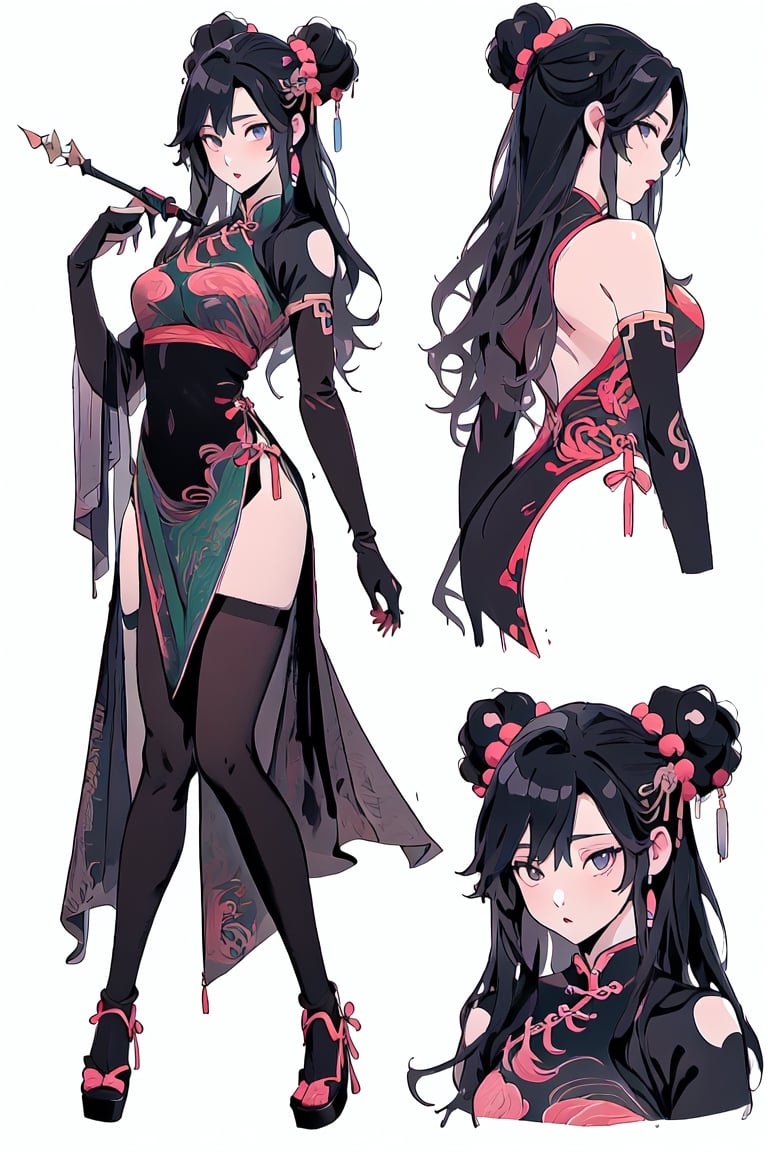 beautiful, masterpiece, best quality, extremely detailed face, long straight black hair, r, wand, (CharacterSheet:1), (multiple views, full body, upper body, reference sheet:1), back view, front view, (white background, simple background:1.2), large breasts, sexy pose, anime, white crop top,anime,gongbiv,Chinese style,Anime ,Fashion cheongsam