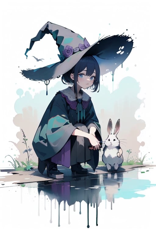 girl caressing a rabbit, dressed as a witch near a river, crouching caressing the rabbit, pastel colors, purple colors, blue colors, green colors, shading, gray scale, hand drawn,