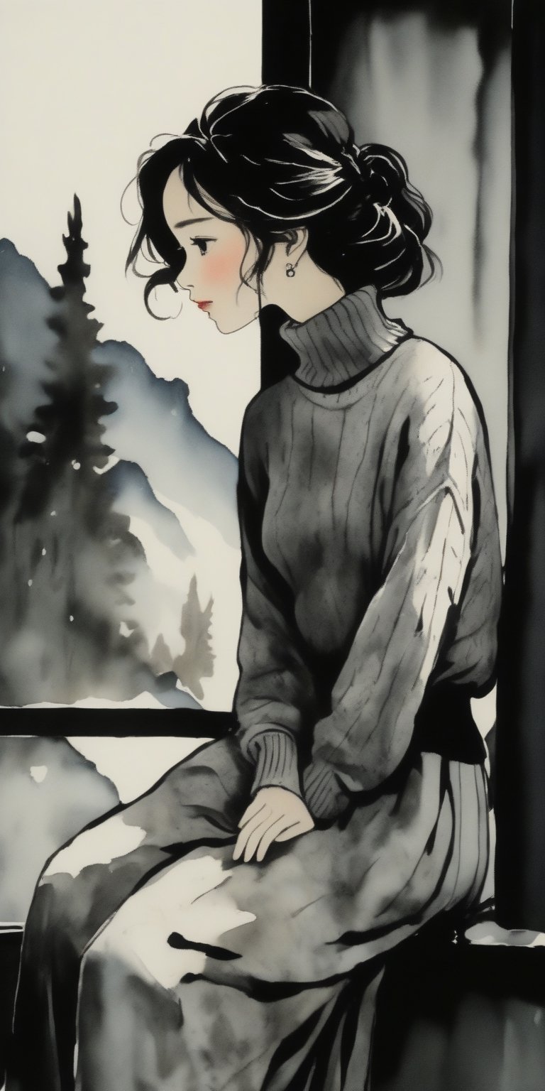 masterpiece, high quality, 8K, high_res, ink lines and watercolor wash,
homemade photoshot, melancholy embience, beautiful girl sits on the windowsill and looks out the window, loose knitted turtleneck sweater, monochrome picture, sad, beautiful, elegant, very detailed, establishing shot, The winter forest is visible from the window,chinese ink drawing