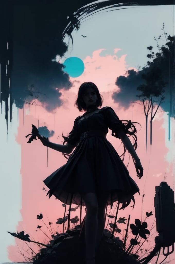 (silhouette:1.25), 1girl, dark background, blacklight, mid shot, full body, somber expression, looking  down, dark energy, vibrant cyan, portal to another world, flat color, flat shading, ultra realistic, highres, superb, 8k wallpaper, extremely detailed, intricate, limited palette, pink,

T shirt design