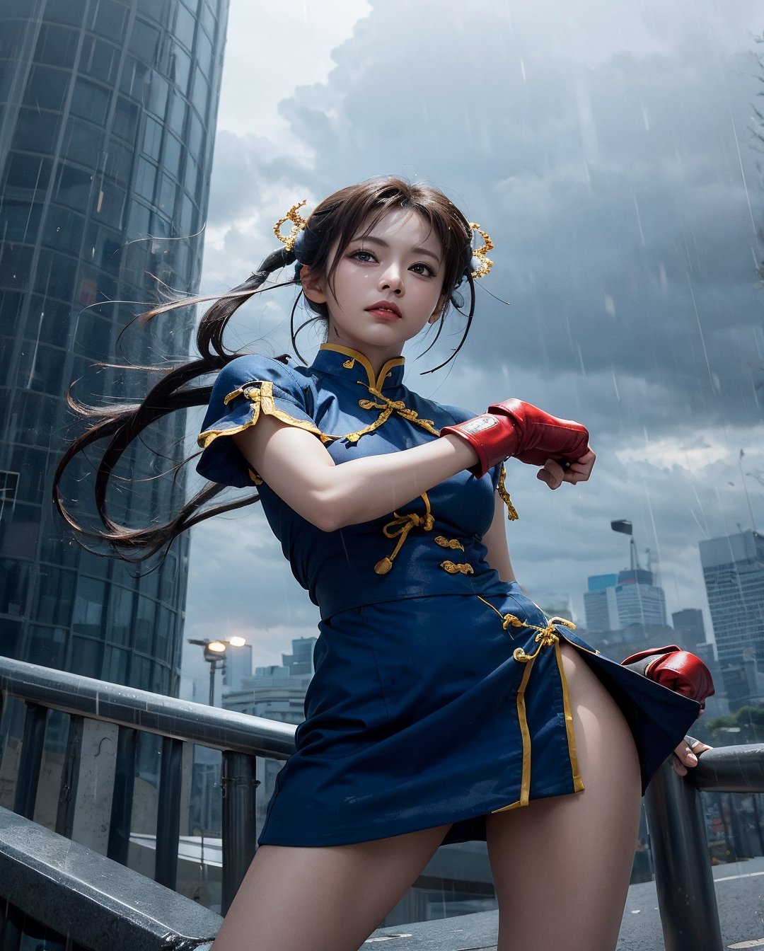 Ultra-detailed anime illustration portrays Chun-Li, one of the characters from Street Fighter, in a miniskirt, sexy pose, with a lot of citizens as setting in a dreamlike vision of Taipei 101, while a typhoon is coming, with dark clouds and drizzling rain.

Ensure all anatomical elements and actions are realistic, with no extraneous limbs or movements. Make sure both of her hands or fists are complete, and eyes are natural.
