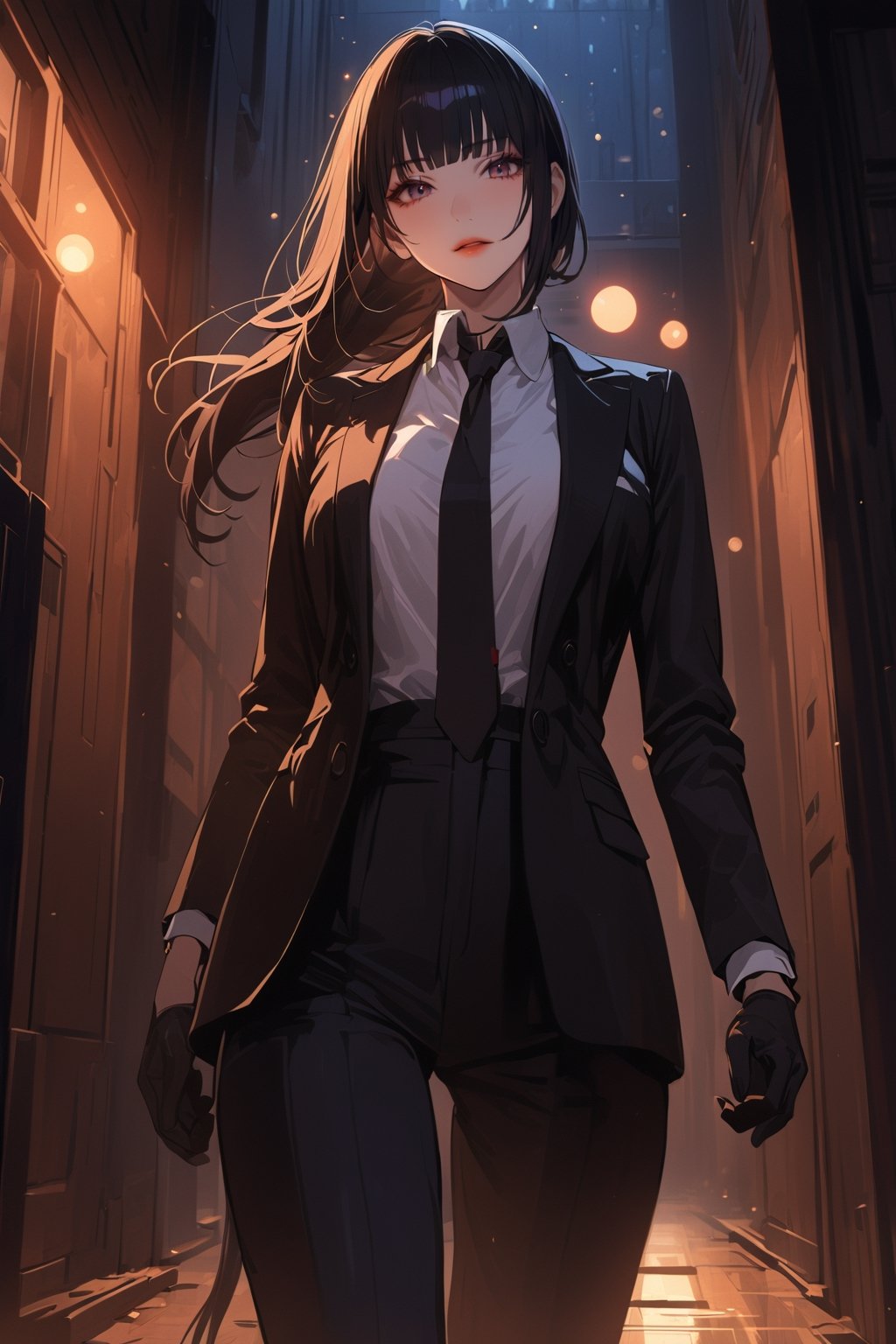 ((masterpiece, best quality, highres:1.2)), perfect face, looking at viewer, niji6, more detail XL, 1girl, solo, looking at viewer, sharp eyes, long straight pony tail black hair with blunt bangs, clearly brown eyes, ombre lips, soft makeup, ((black sunglasses:1.1)), (black_glove), white shirt, collared_shirt, black necktie, black pants, black jacket, female agent, one arm up, indoors, dark hallway, walking, [red lips], cold expression, extremely detailed illustration, 8k, high aesthetic, bokeh, windows, night, dropped shadow,eternum style, from below