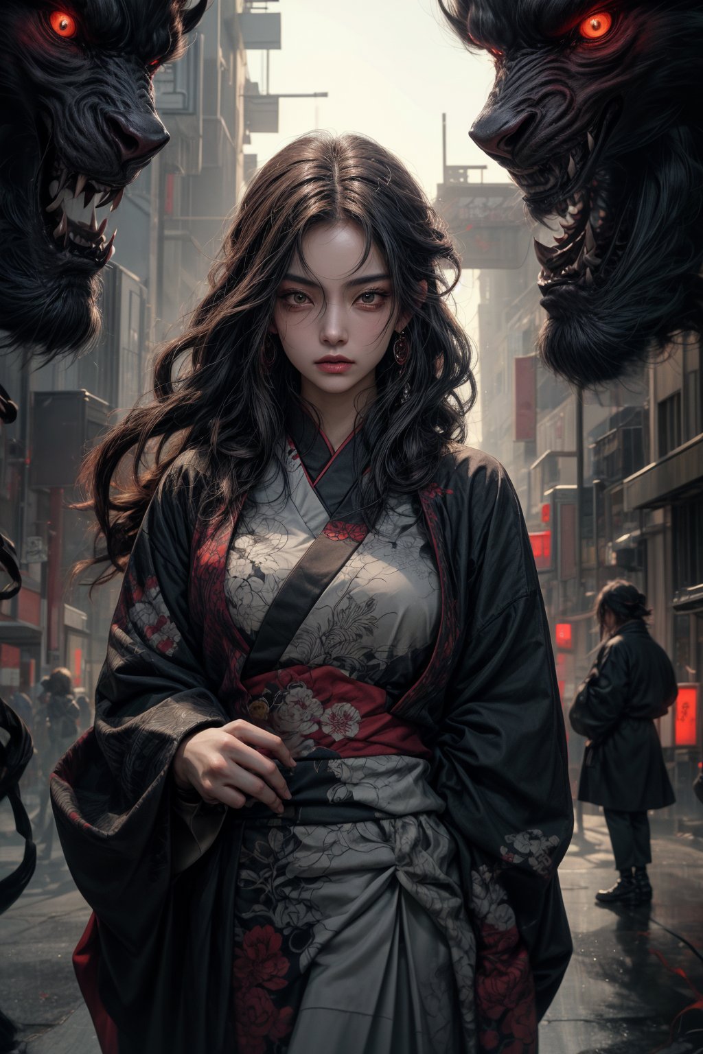 Realistic 8K 60fps, character photos, raindrops, Japanese-style red tattoos, kabuki banshee wearing Japanese new fashion dress with gentle gestures, Japanese-style long-haired demon girl Bonan kabuki, holding a giant sword, ancient giant demon background. Perfectly crafted cyberpunk style and traditional Japanese artistry blend seamlessly, evoking the essence of Chinese ink painting.,kimono