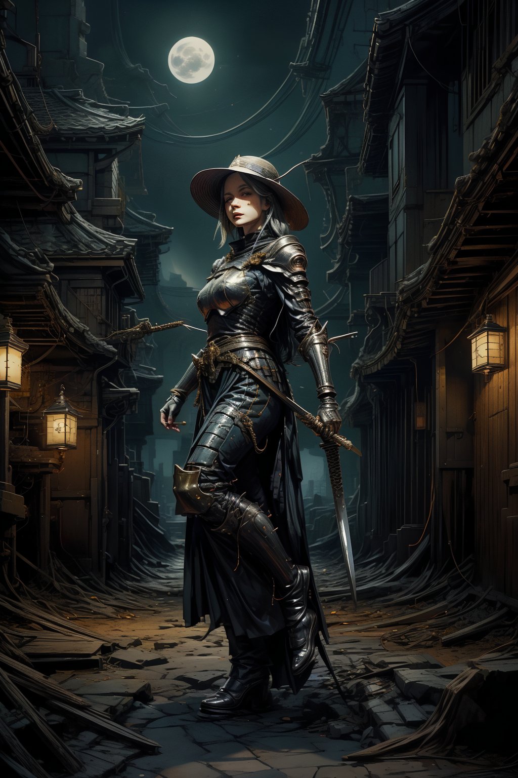 masterpiece, best quality, 16K, (HDR), high resolution, (1 big moon in the dark night), In the dead of rainy night, a female swordsman wearing a bamboo hat, carrying a long sword and lowering her head, walks alone on the ancient streets of the mountain city that are hung with various signboards and lanterns and stretches all the way up. A huge sea fish with a ferocious face and a bloody mouth swoops down from high in the sky. It is super realistic, (full length body)+(Dutch angle shot), (highly detailed background of ancient Japanese achitechture + cyberpunk buildings with neon lights:1.2) , (dynamic pose), perfect fingers, (intense light), intense atmosphere with Dutch angle, ((holding an delicated old sword)), Cyberpunk,C7b3rp0nkStyle,A Traditional Japanese Art,perfect, cyberpunk style, more details, chinese ink painting,Mechanical fish,nodf_lora