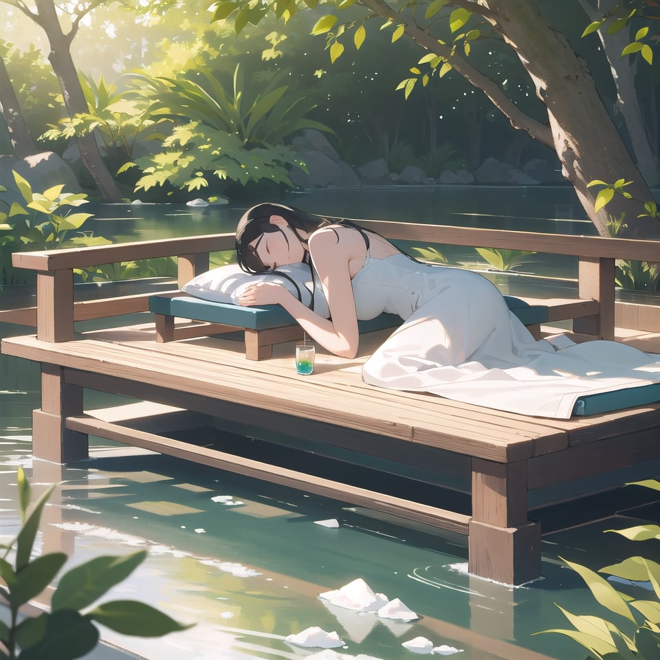 Realistic, CG style, on a hot summer day, the soft sunlight casts mottled light and shadow through the leaves. A teenage girl in a thin dress is lying on a Japanese-style wooden platform on the pond, taking a nap next to an open book, a glass of icy drink. Peaceful and peaceful atmosphere, beautiful, elegant, very detailed, establishing shot