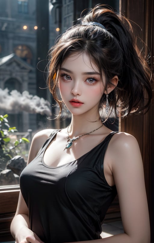 In a breathtaking cinematic shot, a stunning young girl with dark brown Afro ponytail hairstyle and piercing brown eyes gazes directly at the viewer. She wears a black T-shirt, sweatpants, and a sapphire necklace, bracelet, exuding elegance. The Rococo Punk theme is evident in her cute girl costume. The background features an insanely detailed mountainous location, littered with chaos, smoke, and rays of magical light emanating from peridot crystals. The composition follows the 60-30-10 color rule, with sfumato and volumetric lighting creating depth. Her face is adorned with perfect, sharp eyes and naturalistic features, illuminated by soft, natural lighting. Art Deco elements and claustrophobic textures add to the ornate atmosphere.