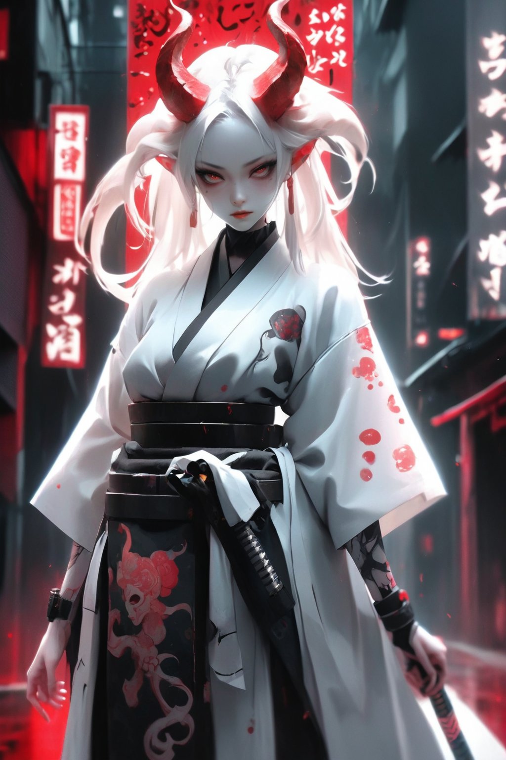 1 girl, (masterful), albino demon queen, (long intricate horns:1.2), 
kimono, one Katana in scabbard  at waist, bathed blood,large breast, Cleavage, hakama, Japanese style gaiter, kanji Tattoos, 
cyberpunk City background,photo_b00ster,ct-niji2