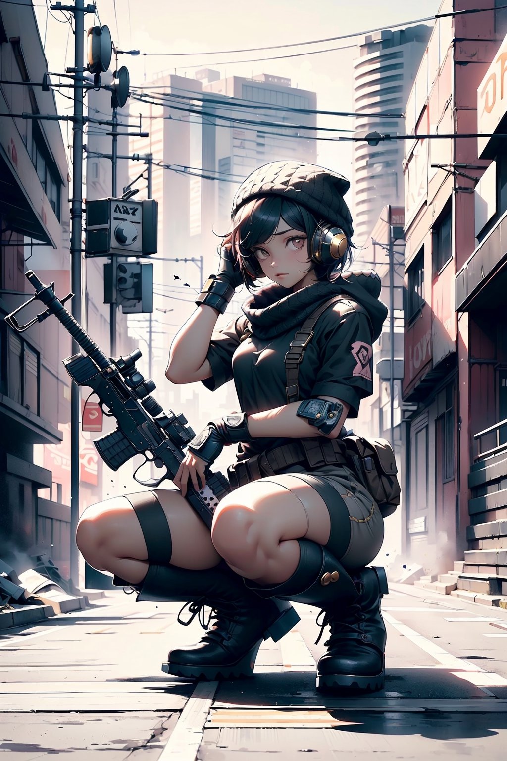 (masterpiece), science fiction, scenery,  1girl, short hair, bangs, Pink punk style armor, girl, sharp eyes, one knee on the ground, fighting crouching position, dark combat boots, purple woolen hat, headphones, carrying a sniper rifle, a knife at the waist, fingerless tactical gloves, black eyeballs and golden pupils,lucy,Chromaspots