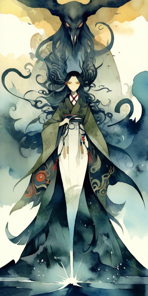 asian japanese woman, detailed face, holding dagger, fantasy and science fiction theme, menacing, dramatic settings, bold and powerful, embodying the essence of heroism and adventure, fierce, formidable, imaginary creatures, figures from mythology, in the style of amano, sots art, Lovecraftian horror, concept art, ,watercolor \(medium\),Flat vector art