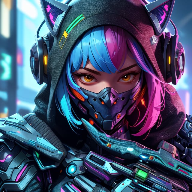 Close-up shot of a female cyborg, 'Bob-Cut' hair vibrant with colorful hues, framing her intense expression. A scratch mask with cat-ear headphones and nun headscarf adorn her face, juxtaposed with tactical armor plating and a sharp black dragon's head with neon accents. Infected machine parts mesh seamlessly with her beautiful girl features. Crouched in fighting stance, she grasps a gun, futuristic hair infected with glowing strands, set against the blurred cityscape of a terminal station. Her eyes blaze with golden flames amidst chromatic spots on her black eyeballs, within the deva battle suit's armor shell, evoking a Nijistyle aesthetic.,reelmech, mechanical parts