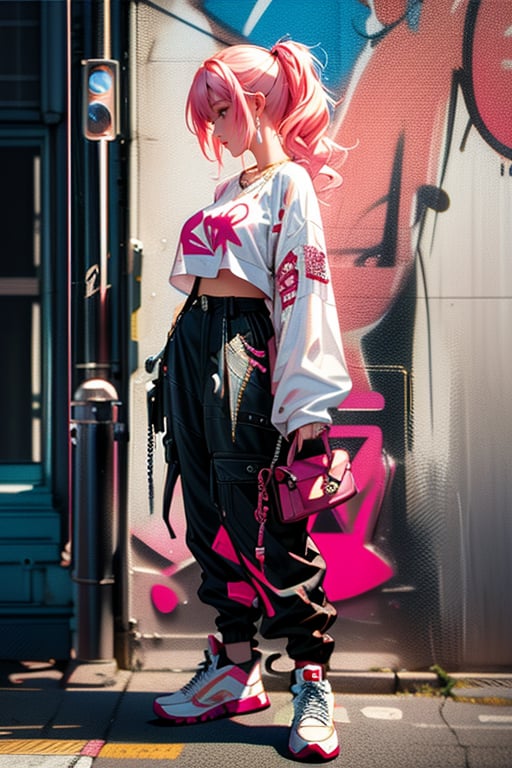 1girl, solo, breasts, coral-pink hair, (medium breasts:1.2), standing cool, hugging, full body, parted lips, front view, wearing Oversized white button-down shirt with the sleeves rolled up, Baggy cargo pants, Layered necklaces with a mix of chains and pendants, Chunky sneakers,  graffiti art background
,Illustration,hourglass body shape