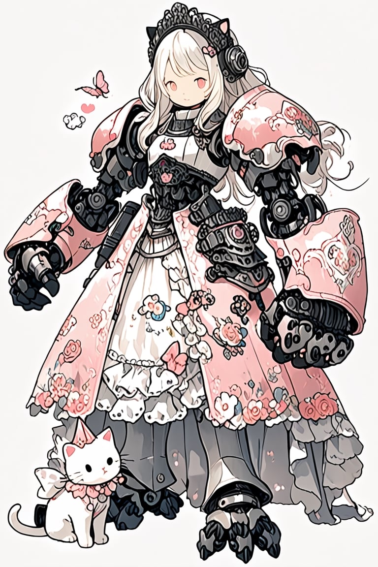 (HELLO KITTY),Princess Knight, pink and white knight's armor, with the helmet featuring the adorable face of cat, armor is adorned with intricate lace and frills, emitting a sweet fragrance,sticker,mecha, mechanical arms, big cat paws,