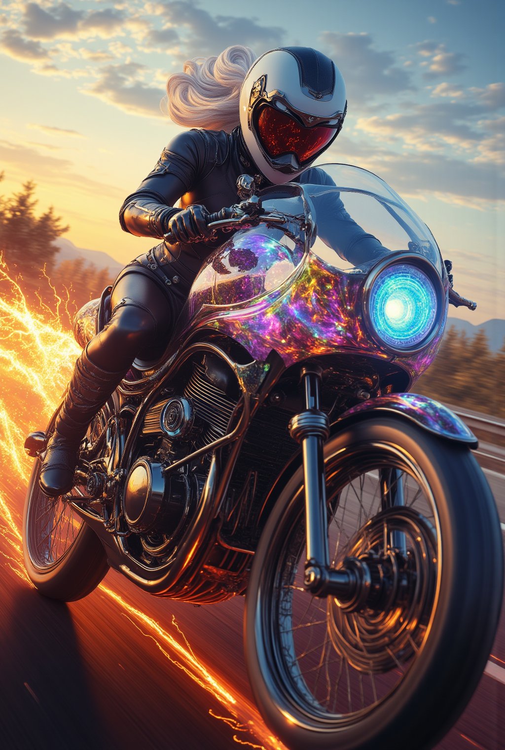 Racing at breakneck speed, a masterpiece of engineering pierces the air, its low-angle view framed by the horizon's fiery glow. Lightning-fast, it hurtles forward, electrical sparks crackling beneath its transparent crystal shell. The camera whips into a dynamic Dutch angle from in front, capturing every ultra-detailed detail as the bike's iridescent scales shimmer and luminescent textures glow. A gyaru fashionista, hair flowing like a banner in the wind, grips the handlebars without a helmet, her eyes shining with an inner glow. The tires blaze with a fiery light, flight goggles gleaming like jewels. In this breathtaking, high-speed tableau, technology and beauty converge in a stunning display of extreme fast super bike mastery. detailed face,3D MODEL,2.5~3D,
realistic,detailed,sharp focus,high contrast,masterpiece,best quality,trending on artstation,rule of thirds,depth of perspective,chiaroscuro lighting.ek_ph0t0_b00ster