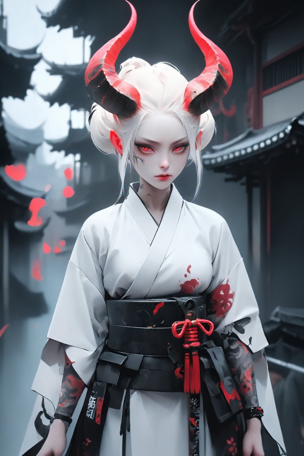 1 girl, (masterful), albino demon queen, (long intricate horns:1.2), 
kimono, one Katana in scabbard  at waist, bathed blood,large breast, Cleavage, hakama, Japanese style gaiter, kanji Tattoos, lanttern, dark fog, 
ancient cyberpunk City background,photo_b00ster,ct-niji2