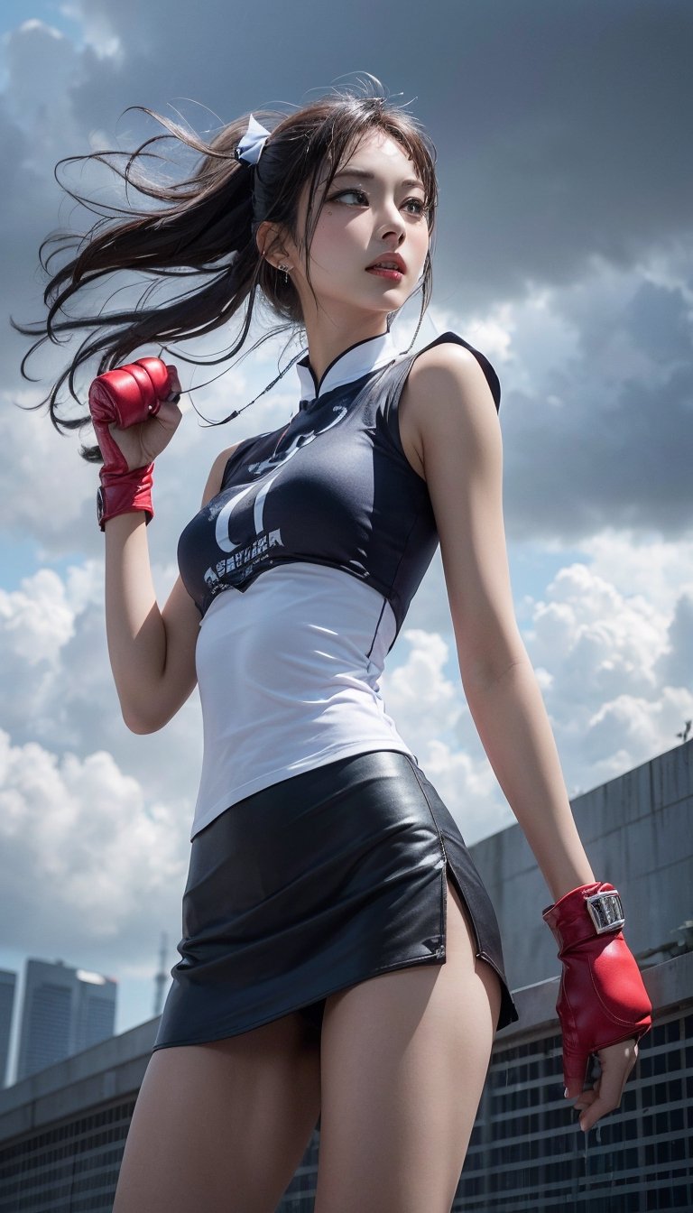 Ultra-detailed anime illustration portrays Chun-Li, one of the characters from Street Fighter, in a miniskirt, sexy pose, with a lot of citizens as setting in a dreamlike vision of Taipei 101, while a typhoon is coming, with dark clouds and drizzling rain.

Ensure all anatomical elements and actions are realistic, with no extraneous limbs or movements. Make sure both of her hands or fists are complete, and eyes are natural.,tzuyulorashy, from below,Tzuyu