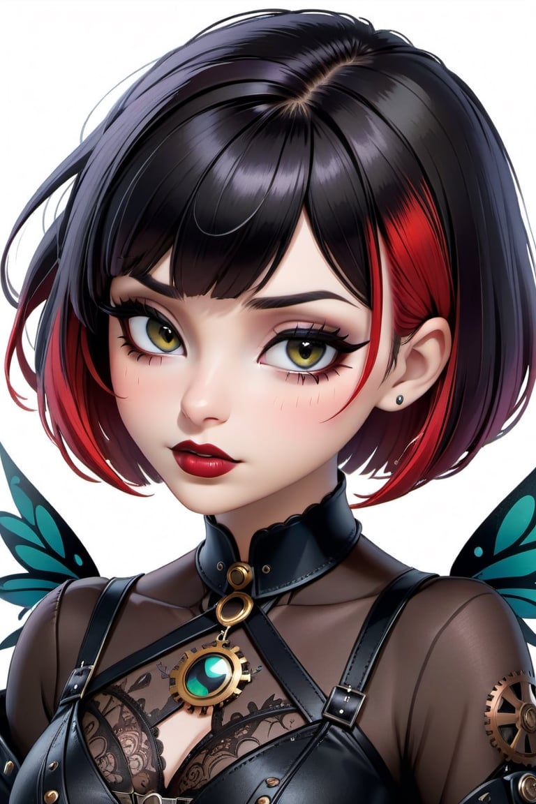 sticker design, steampunk, upper body, close eyes, white background, bob cut, short hair, multicolored hair, makeup , parted lips, black lips, eyeliner, gothic, goth girl,
her hair is styled in a bob with bangs. the tips of her hair are dyed red. sweet cartoon style

,disney pixar style