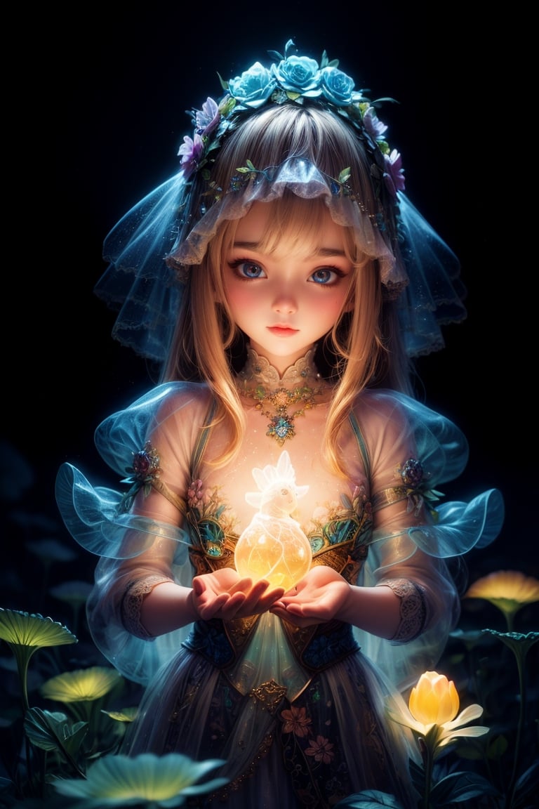 Ultra detailed illustration of a( transparent ) Girl , glowy, translucent, transparent,  bioluminescent flora, incredibly detailed, pastel colors, handpainted strokes, visible strokes, oil paint, art by Mschiffer, night, bioluminescence