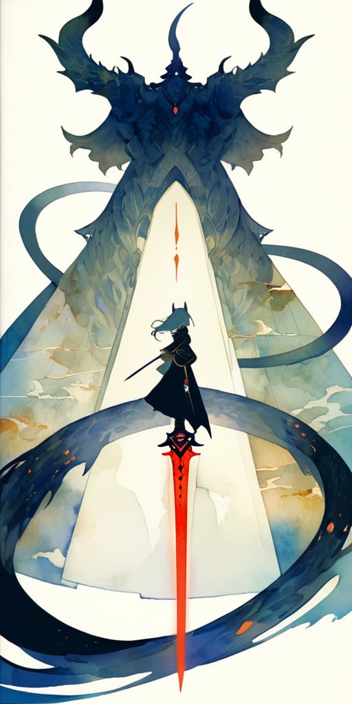 A faceless Asian warrior, tall and slender, strides confidently towards us against a radiant white background, her gaze fixed on some distant horizon. In one hand, she holds an outstretched sword, its blade shining with a subtle glow; in the other, a dagger gleams menacingly. Beside her, a massive Cerberus companion stalks, its sharp fangs and imposing stature commanding attention. The overall composition is reminiscent of Amano's concept art style, with delicate watercolor-inspired hues and flat vector lines defining the characters' features.