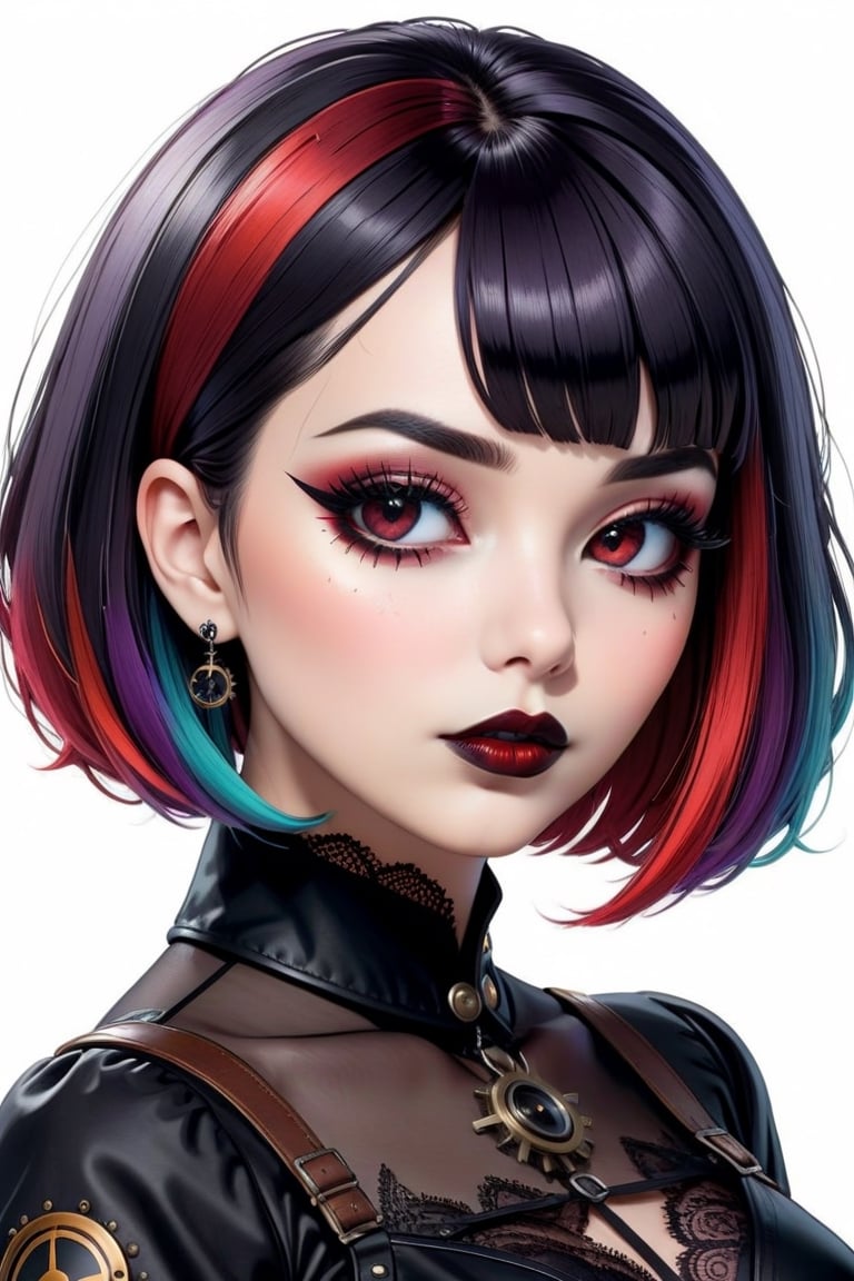 sticker design, steampunk, upper body, close eyes, white background, bob cut, short hair, multicolored hair, makeup , parted lips, black lips, eyeliner, gothic, goth girl,
her hair is styled in a bob with bangs. the tips of her hair are dyed red. sweet cartoon style

,disney pixar style