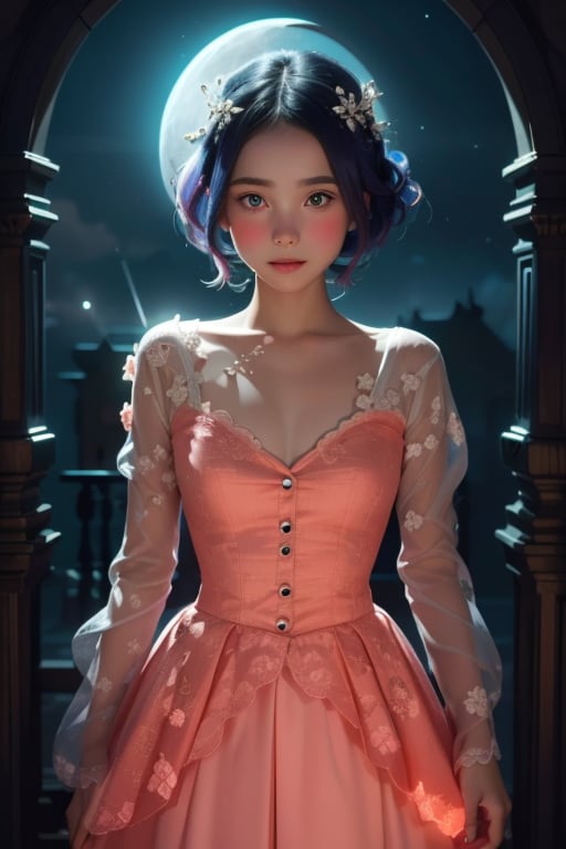 A whimsical illustration of a single girl, framed by a moonlit doorway, stands out against the darkened hallway. The girl's porcelain skin glows softly in the lunar light as she gazes wistfully into the unknown darkness, her expression a perfect blend of curiosity and trepidation. Her coral-pink dress shimmers like the iconic buttons from Coraline, its delicate folds illuminated by the gentle glow.
