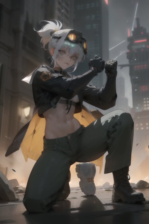 goth muscle girl with silver hair, very short pixie cut, dark tan skin, hazel eyes, medium breasts, moderate muscles, black nitrile gloves, dark army jacket and crop top, baggy pants, combat boots, black lipstick, squatting position, sharp eyes, in the cyberstyle city, slender boby, brighten parts, extremely detailed mecha suit, Cinematic angle, ultra fine quality, masterpiece, best quality, incredibly absurdres, fhighly detailed, sharp focus, (photon mapping, radiosity, physically-based rendering, automatic white balance), furure_urban, Mecha Sailor Soldier, Short Ponytail, Combat Helmet, Night Vision Goggles, Tactical Belt, Combat Boots, Tactical Vest, Combat Crouching,Detailedface