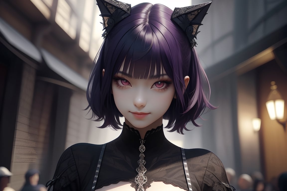 1girl, dark purple hair, red eyes, sharp, arrogant, arrogant smile, wearing stylish clothes, fantasy detailed background, detailed body, detailed face, detailed eyes