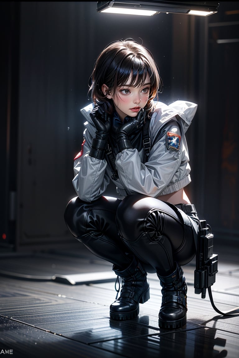 
full body, dynamic poses, beautiful teenage girl, glowing eyes, short colorful hair, bangs, detailed eyes, slim waist, masterpiece, best quality, realistic lighting effects, military spacesuit, open neckline, body straps, hollow crop top space jacket(military), military knee pads, perfect figure, space boots, space station, gloves, space helmet, headphone,solo femaleCinematic angle, cool smirk, sharp eyes, ultra fine quality, masterpiece, best quality, incredibly absurdres, highly detailed, sharp focus, (photon mapping, radiosity, physically-based rendering, automatic white balance), furure_urban, ,rubbersuit02