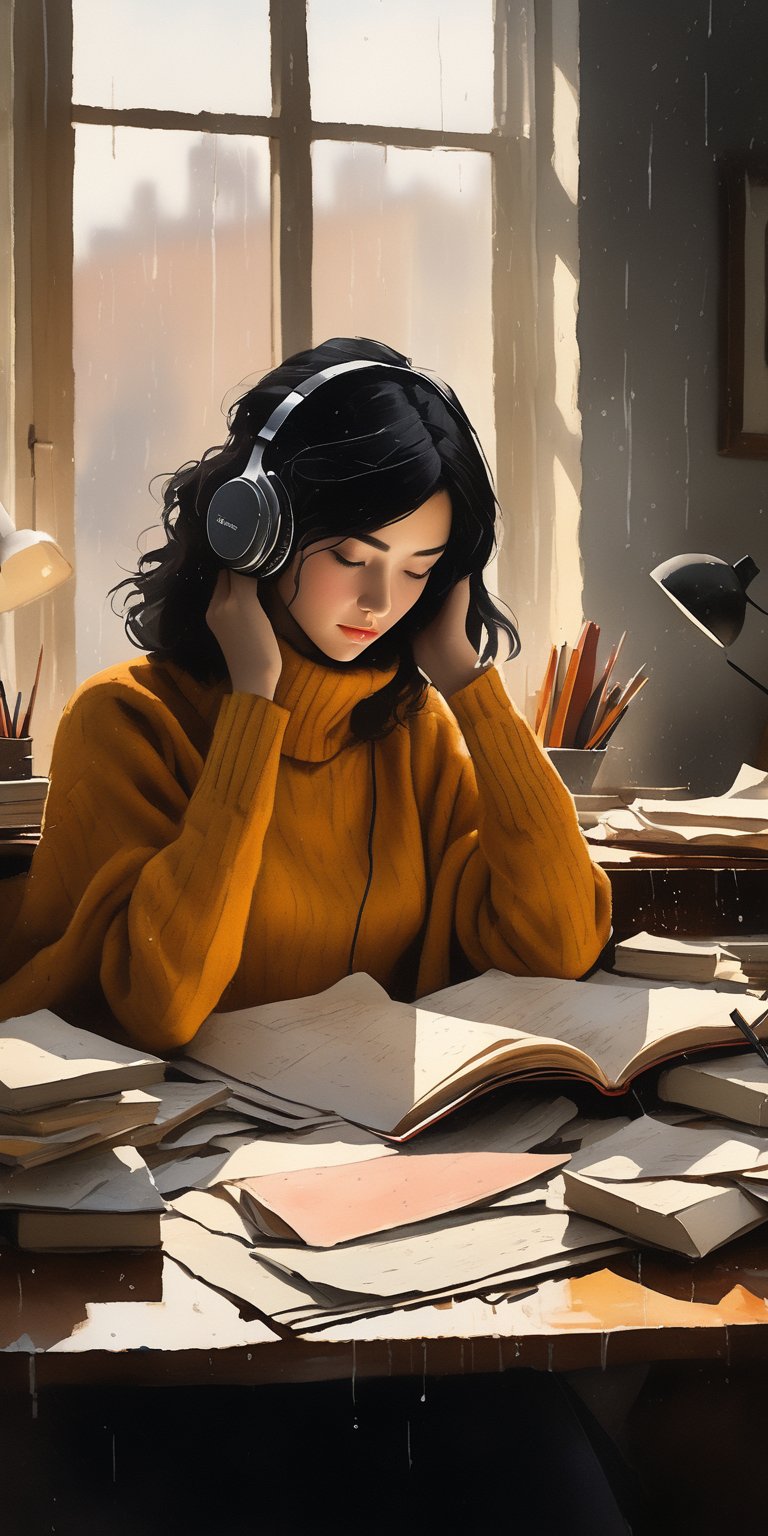 Compose a photorealistic concept art piece of a studious figure sitting at a cluttered study table on a rainy day. The subject, wearing a loose knitted turtleneck sweater and retro headphones, intensely studies amidst books and papers, surrounded by scattered stationery. Soft natural light pours through the rain-soaked window panes, casting an eerie glow. Elegant colors and watercolor rendering details adorn the scene. Note: niji style, very detailed, photorealistic concept art, soft natural volumetric cinematic perfect lighting.