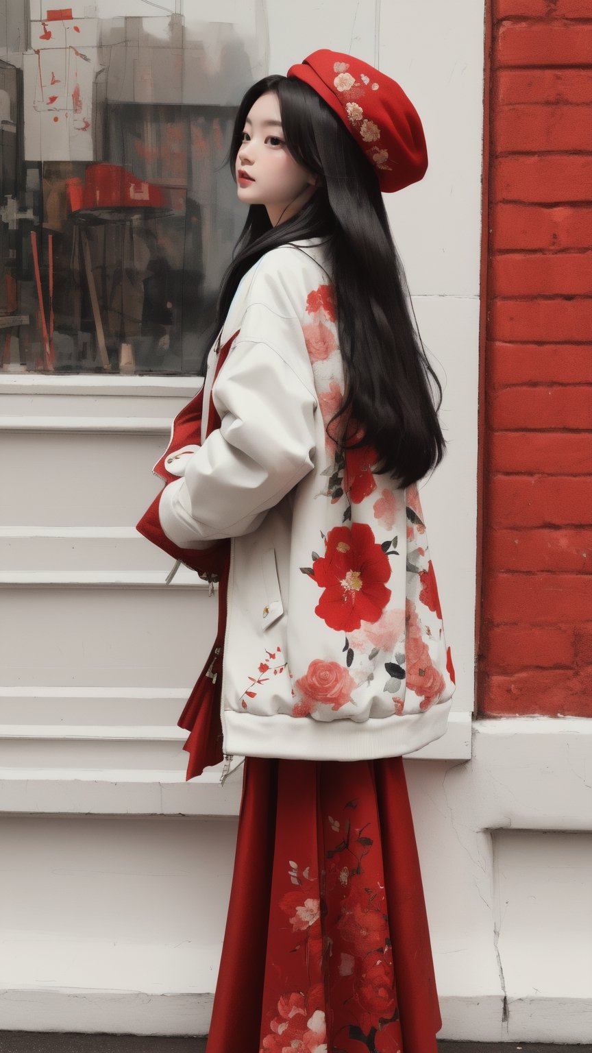 ((Masterpiece)), ((Best Quality)), ((Extremely Detailed)), ((Looking Away)), Photo Background, Realistic, ((Black long Hair)), realistic, ((from top))), girl wearing a red jacket and a red skirt with a floral pattern and standing in front of a white wall wearing a red jacket, one girl, alone, hat, skirt, headdress Hooded jacket,SAM YANG