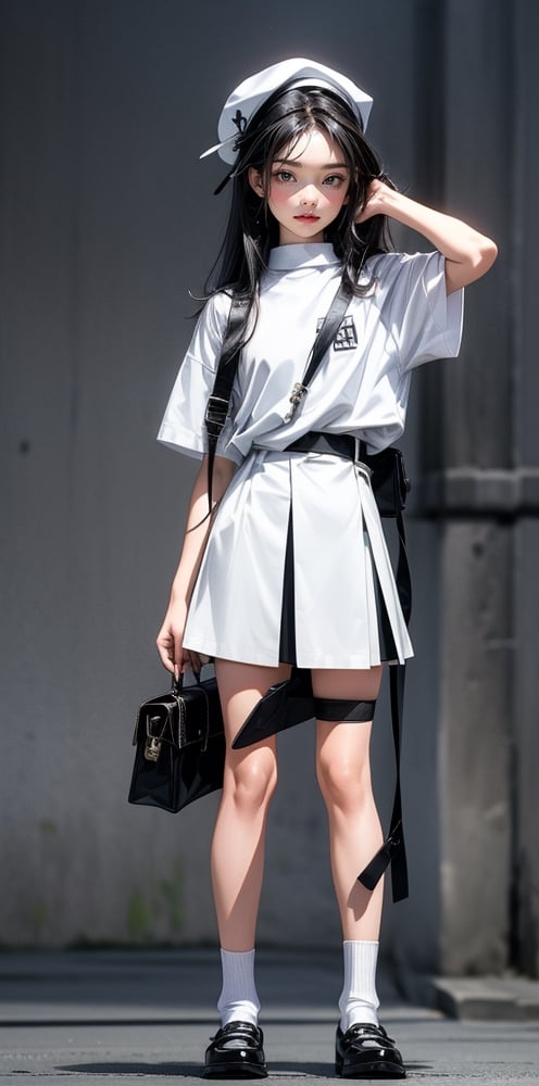 1girl, solo, long hair, looking at viewer, skirt, simple background, shirt, black hair, headwear, hat, standing, full body, white shirt, minimalist clothing, short sleeves,  girl's crossbody bag, black footwear, white socks, mary janes