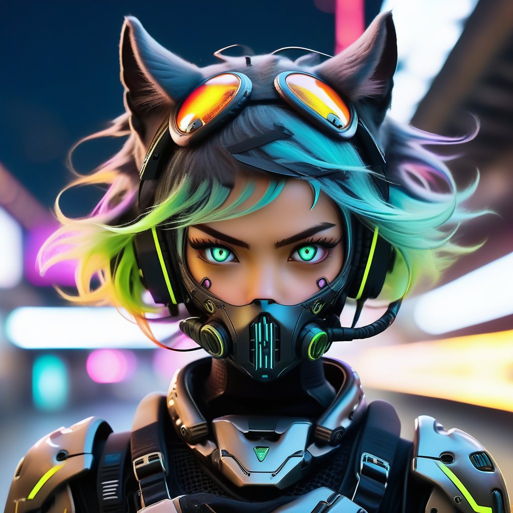 Close-up shot of a female cyborg, 'Bob-Cut' hair vibrant with colorful hues, framing her intense expression. A scratch mask with cat-ear headphones and nun headscarf adorn her face, juxtaposed with tactical armor plating and a sharp black dragon's head with neon accents. Infected machine parts mesh seamlessly with her beautiful girl features. Crouched in fighting stance, she grasps a gun, futuristic hair infected with glowing strands, set against the blurred cityscape of a terminal station. Her eyes blaze with golden flames amidst chromatic spots on her black eyeballs, within the deva battle suit's armor shell, evoking a Nijistyle aesthetic.,reelmech,txznmec,Cinematic ,more detail XL, m3