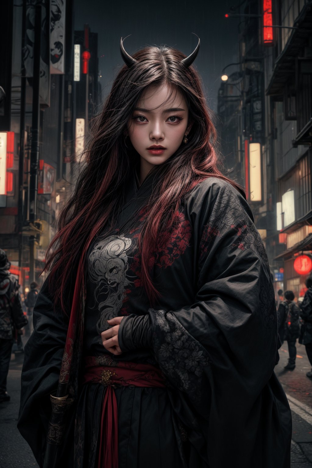 Realistic 8K 60fps, character photos, raindrops, Japanese-style red tattoos, kabuki banshee wearing Japanese new fashion dress with gentle gestures, Japanese-style long-haired demon girl Bonan kabuki, holding a giant sword, ancient giant demon background. Perfectly crafted cyberpunk style and traditional Japanese artistry blend seamlessly, evoking the essence of Chinese ink painting.,kimono,
